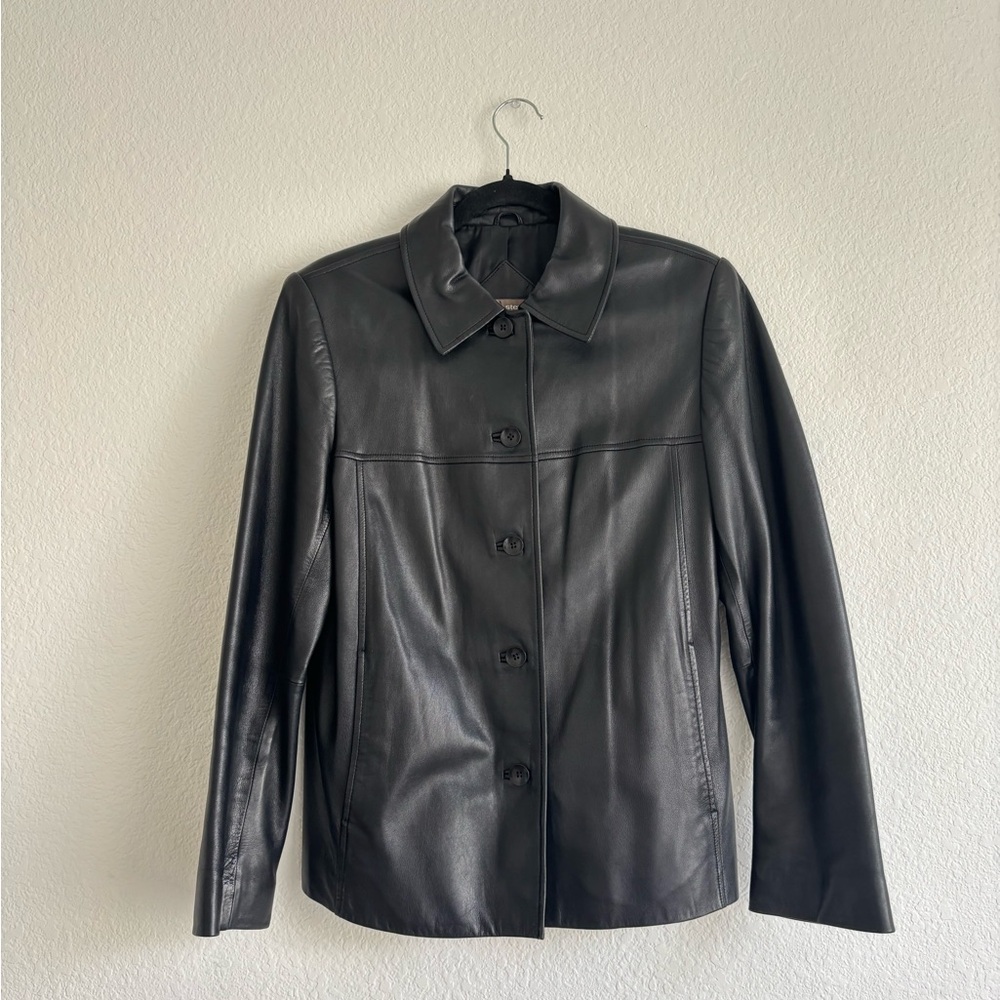 Vintage Valerie Stevens Black Leather Jacket with Collared Neckline